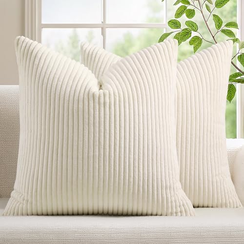 Mecatny Corduroy Fall Throw Pillow Covers 16x16 Set of 2 Cream White | Soft Striped Texture, Hidden Zipper Design, Neutral Boho Square Pillow Cases for Sofa Couch Living Room Bedroom, Home Décor - color: Cream White, size: 16" x 16" (Pack of 2)