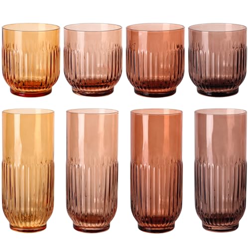 Venus Drinking Glasses Set of 8,Brown Water Glasses Ribbed Drinking Glasses Set 4 Highball Glasses 13oz & 4 Rocks Drinking Glasses 9oz, Vintage Ribbed Tumbler Glasses for Water, Cocktail - color: Melanie-8pcs