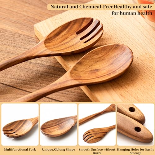 Gudamaye Acacia Wooden Salad Server Set,13 inch Salad Tongs for Serving including Salad Mixing Dinner Fork and Spoon,Long Handle Salad Server Set - color: Acacia