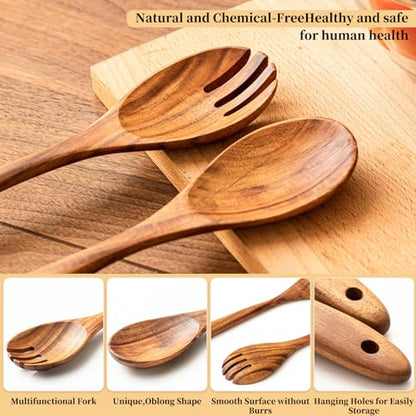 Gudamaye Acacia Wooden Salad Server Set,13 inch Salad Tongs for Serving including Salad Mixing Dinner Fork and Spoon,Long Handle Salad Server Set - color: Acacia