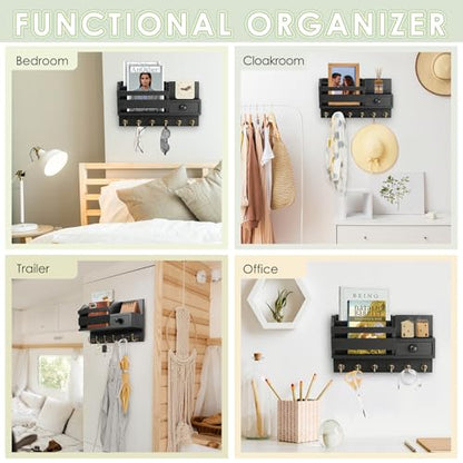 VIS'V Key Holder Wall Mount, Wooden Mail and Key Organizer, Black | Contains Little Drawer, Small Shelf, 2 Slots, 6 Hooks, for Entryway, Hallway, Doorway, Kitchen, Garage, Camper - color: Black