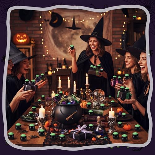 RoundFunny 50 Pcs Mini Black Cauldron Figurines Resin Witch Party Favors | Miniature Halloween Cauldron Pot with Potion, Hide and Seek, Trick or Treat, Micro Landscape Craft, Witches and Wizards Party - style: Witch Cauldron