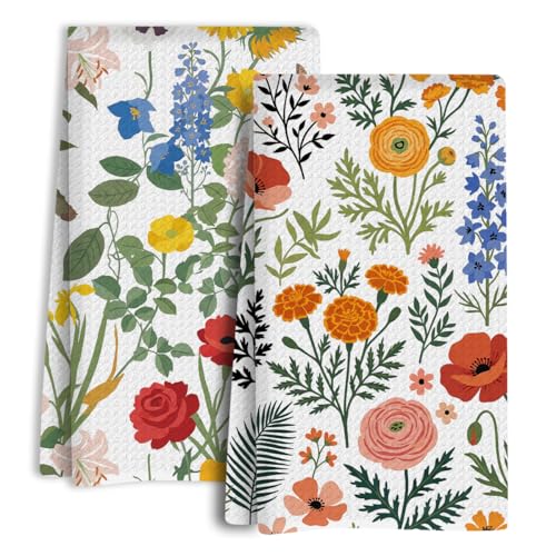 Cute Floral Kitchen Towels Set of 2, Dish Towels for Kitchen Soft Absorbent Tea Hand Towel for Home Cooking, Baking, Cleaning Decorative Housewarming Aesthetic Vintage Flower Print, 13.8 x 23.6 Inch - color: Floral 1458
