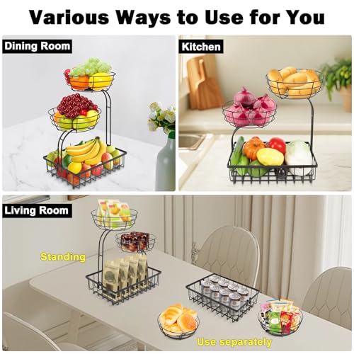 3 Tier Countertop Fruit Vegetable Basket Bowl Storage, Solid Metal Kitchen Counter Organizer for Storing Fruits, Veggies, Bread, Snacks (Black)