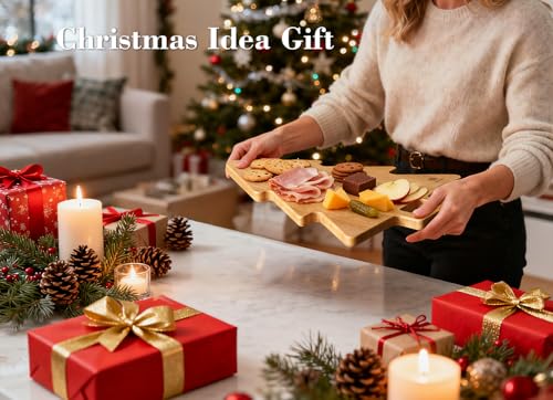 Acacia Wood Christmas Tree Cutting Board 15x12 Inch Charcuterie Board with Handle, Xmas Cheese Appetizer Tray, Wooden Decorative Serving Platter for Holiday Kitchen Party