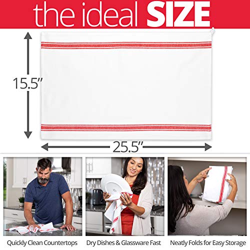 Aunti Em's Kitchen Dish Towels Set (13 Pack) Natural Cotton Fabric for Embroidery - Zero-Lint Cloth for Drying Glasses, Plates, Hand - 25.5 x 15.5 Inch (13-Pack Red Stripes) - color: 13-pack Red Stripes