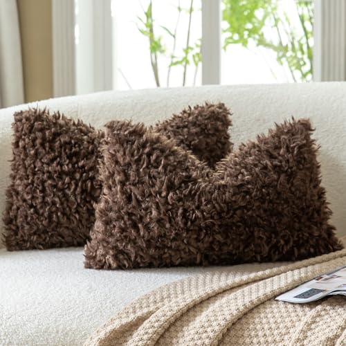 2 Pieces 12x20 Inch Chocolate Faux Fur Lumbar Throw Pillow Covers Boucle Decorative Sherpa Pillow Covers Thick Fuzzy Fleece Pillowcases Cushion Covers for Sofa Couch Bed Living Room - color: Chocolate, size: 20" x 12" (Pack of 2)