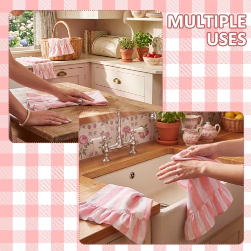 Pink Striped Kitchen Towels Set of 2, 100% Cotton Ruffled Striped Dish Towels 18"x31" Absorbent Tea Cloths Classic Pattern for Farmhouse Charm, Drying Dishes, Entertaining Guests - color: Pink