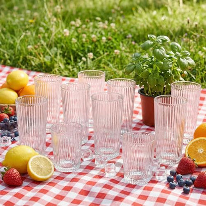 12 Pcs Ribbed Drinking Glasses Set 9 oz 12 oz Clear Ice Coffee Highball Ripple Drinkware Vintage Glassware Ribbed Cocktail Cup for Beverages Bar Home