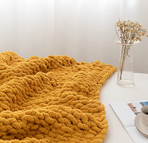 Chunky Knit Blanket Soft Chenille Yarn Knitted Throw Blanket 50"X60" Handmade Cable Warm Thick Giant Blanket for Couch Bed Trips (Turmeric Yellow, Throw 50"X60")?-¡­ - color: Turmeric Yellow, size: Throw 50"X60"