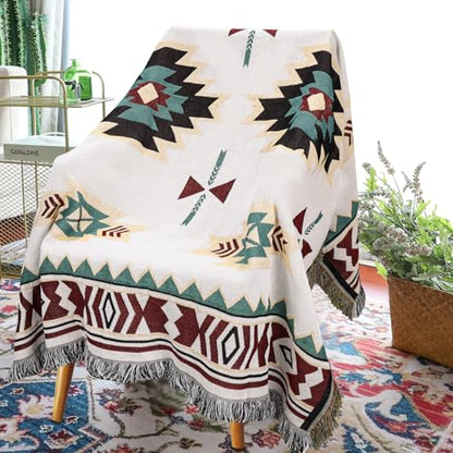Samboo Mexican Blanket 50×60 Inch, Boho Native American Woven Throw Blanket for Couch Sofa Bed Camping Picnic Beach, Soft Lightweight Durable Machine Washable Decorative Blanket with Tassels