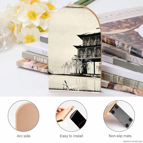 Heavy Duty Non-Slip Beech Wood Bookends, 1 Pair Adjustable Book Ends with Metal Base, Sturdy Book Organizer for Shelves, Home Office Library Tree and Mountain in Fog - color: Tree and Mountain in Fog