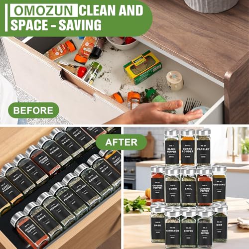 OMOZUNSpice Jars with Label, 24pcs 4oz Glass Jars with Stainless Steel Lids | Square Spice Containers with 304 Labels and Shaker Inserts, Empty Seasoning Bottles for Drawer, Cabinet, Seasoning Organizer - color: Stainless Steel Lid*24 Jars