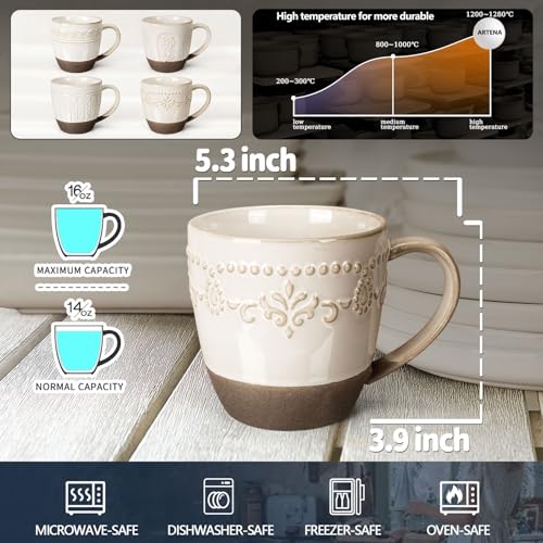 Artena Ceramic Coffee Mugs Set of 4, 16oz Embossed Large Latte Mugs Coffee Cups with Handle for Tea, Latte, Cappuccino & Cocoa, Milk Dishwasher & Microwave Safe, White (Damask Floral) - color: White