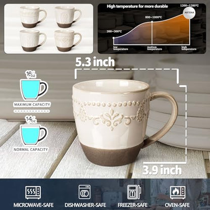 Artena Ceramic Coffee Mugs Set of 4, 16oz Embossed Large Latte Mugs Coffee Cups with Handle for Tea, Latte, Cappuccino & Cocoa, Milk Dishwasher & Microwave Safe, White (Damask Floral) - color: White