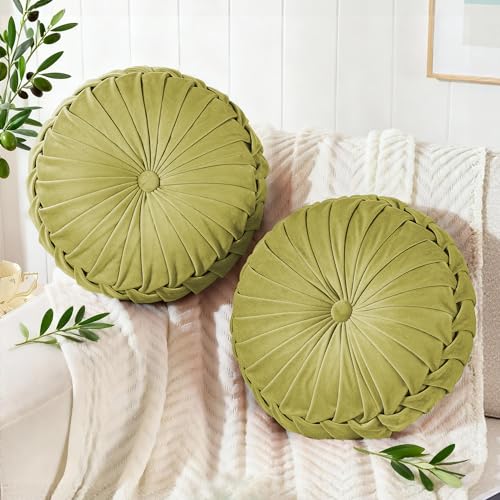 ROSE&RISY Round Pleated Velvet Throw Pillow, 2 Pack Decorative Accent Pumpkin Pillow Cushion for Couch Sofa Bed, Soft Plush Retro Vanity Throw Pillows for Home Decor, 14.5 Inch, Olive Green - color: Olive Green