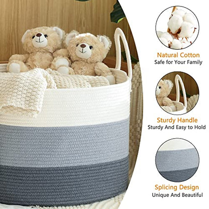 KAKAMAY Large Blanket Basket (20"x13"),Woven Baskets for storage Baby Laundry Hamper,Cotton Rope Blanket Basket for Living Room, Laundry, Nursery, Pillows, Baby Toy chest with Handles (White/Grey) | Extra Large Capacity | Natural Cotton Rope | Blanket Sto