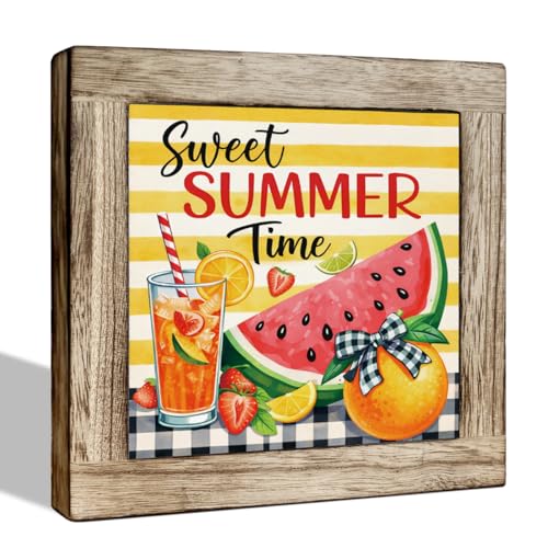 Watermelon Wooden Decor – Sweet Summer Time Sign Farmhouse Table Centerpiece Decorative for Table Fireplace Mantel Floating Shelf 5.9x5.9 Inches - color: Summer 25