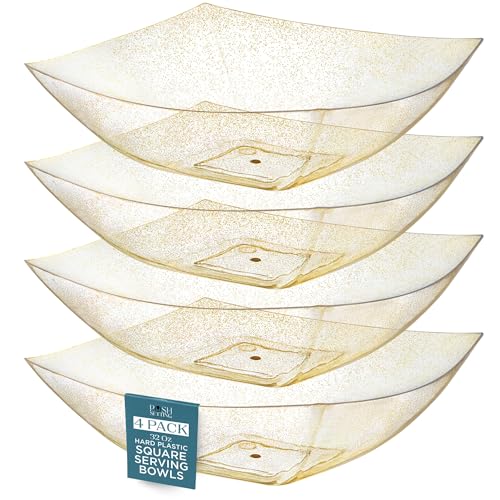 4 Pack Disposable Gold Plastic Serving Bowls Square Party Candy Use 32oz | Square Design. Disposable Party Tableware. Salad, Fruit & Candy Use. Candy Buffet Containers. Gold Plastic. - color: GOLD GLITTER, size: 32 OUNCE