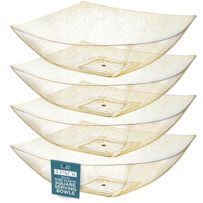 4 Pack Disposable Gold Plastic Serving Bowls Square Party Candy Use 32oz | Square Design. Disposable Party Tableware. Salad, Fruit & Candy Use. Candy Buffet Containers. Gold Plastic. - color: GOLD GLITTER, size: 32 OUNCE