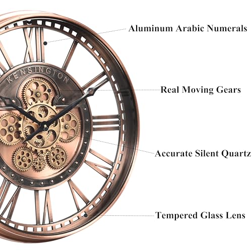 21" Metal Roman Numeral Wall Clock with Moving Gears,Copper | SIilent Non Ticking, Aluminum Dial, Unique Modern Wall Clock for Living Room, Dinning Room, Entryway & Home Office - color: Roman Copper, size: 21"