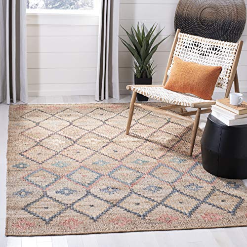 SAFAVIEH Kilim Collection Accent Rug - 3' x 5', Natural & Blue, Handmade Moroccan Boho Jute & Cotton, Ideal for High Traffic Areas in Entryway, Living Room, Bedroom (KLM753A) - color: Natural/Blue, size: 3' x 5' (Rectangular)
