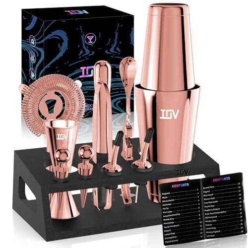 IOV Cocktail Shaker Set: 12-Piece Mixology Bartender Kit Bar Set | 16oz & 28oz Boston Shaker Drink Mixing Tools for Home with Recipe Booklet and Stand | Fun Housewarming Gift (Rose Gold) - color: 12 Pcs - Rose Gold