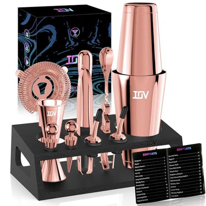 IOV Cocktail Shaker Set: 12-Piece Mixology Bartender Kit Bar Set | 16oz & 28oz Boston Shaker Drink Mixing Tools for Home with Recipe Booklet and Stand | Fun Housewarming Gift (Rose Gold) - color: 12 Pcs - Rose Gold
