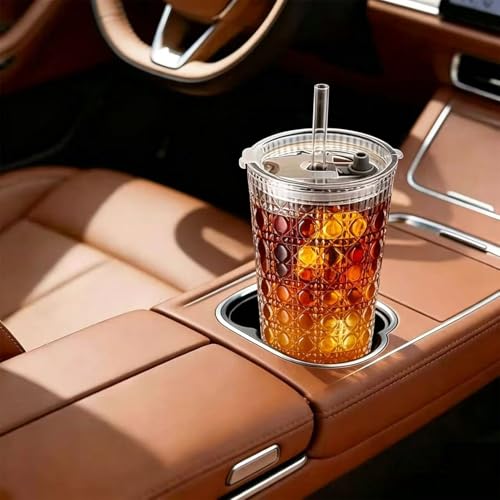 YUN TAO 16 oz Glass Cups with Lids and Straws, Set of 4 Clear Ribbed Glass Tumbler, Iced Coffee Cups with Lids Reusable