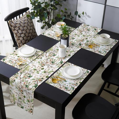 Table Runner and Placemats Set of 6 White Floral Leaves Decorative Dining Table Runner with Matching Placemats Butterfly Tree Branches Table Decor for Kitchen Dining Room and Everyday Use 13x70in - size: 13"x70"+6pcs