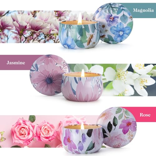Hausware 3 Pack Scented Candles, 2.5 oz Aromatherapy Candles with Floral Scents,Soy Candles Set with 72H Burning Time,Ideal Gift for Women(Magnolia+Jasmine+Rose) - color: Magnolia+Jasmine+Rose