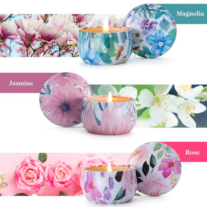 Hausware 3 Pack Scented Candles, 2.5 oz Aromatherapy Candles with Floral Scents,Soy Candles Set with 72H Burning Time,Ideal Gift for Women(Magnolia+Jasmine+Rose) - color: Magnolia+Jasmine+Rose