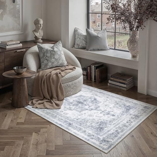3x5 Washable Entryway Area Rug Blue Vintage Distressed Carpet | Non-Slip, Non Shedding, Low Pile, Soft Durable, Medallion Indoor Rug, Entryways, Bedroom, Living Room, Home Decor - color: Antique Light Blue, size: 3' x 5' (Rectangular)