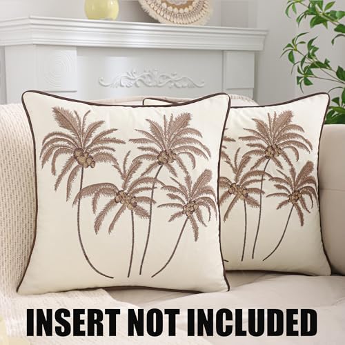 Embroidered Throw Pillow Covers 18x18 Pack of 2 Brown Coconut Trees | Ocean-Themed,Durable Fabric,Square Pillow Cover,Boho Decorative,Hidden Zipper,Aesthetic Design,Ideal Gift,Easy Care - color: Brown Coconut Palm Trees