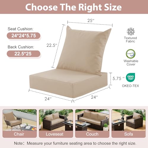 Outdoor Deep Seat Cushion Set, 24x24 Inch Water-Resistant & Fade-Resistant Outdoor Chair Cushions, Patio Furniture Cushions with Removable Cover for Patio Chair, Sofa, Beige (Set of 2) - color: Beige