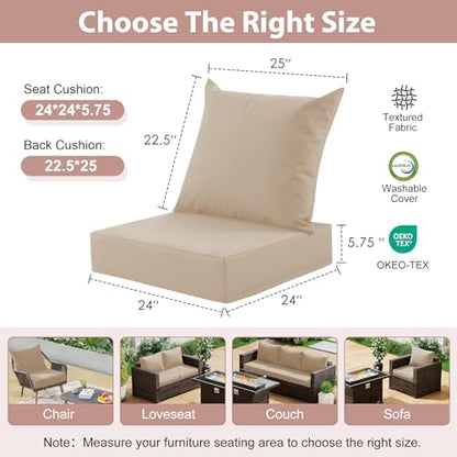 Outdoor Deep Seat Cushion Set, 24x24 Inch Water-Resistant & Fade-Resistant Outdoor Chair Cushions, Patio Furniture Cushions with Removable Cover for Patio Chair, Sofa, Beige (Set of 2) - color: Beige
