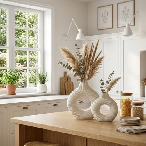White Donut Vase with Stripes Texture, Modern Abstract Ceramic Vase for Flowers, Clay Pottery with Natural Speckles for Home Living Room Mantel Shelf & Office Table Decor, Boho Style & Set of 2 - style: Long-Neck