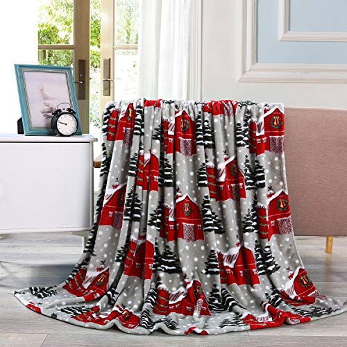 Elegant Comfort Luxury Velvet Super Soft Christmas Prints Fleece Blanket-Holiday Theme Home Décor Fuzzy Warm and Cozy Throws for Winter Bedding, Couch and Gift, 50 x 60 inch, Snowybarn - color: Snowybarn, size: 50 in x 60 in