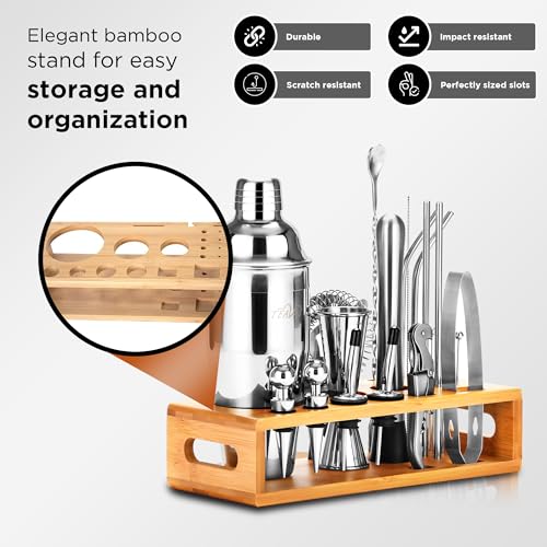 Mixology Bartender Kit with Japanese Jigger & Bamboo Stand - 25 Piece Stainless Steel Cocktail Making Set, Shaker, Strainer, Mixer, Spoon, Muddler, Barware Tools - Birthday Gifts & Anniversary