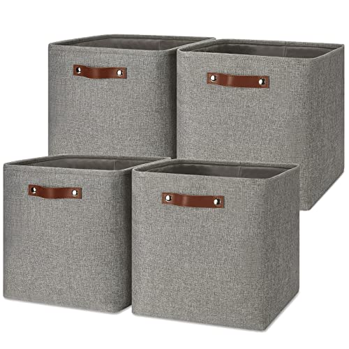 Temary Storage Baskets 13 Inch Fabric Storage Cubes for Shelves Set of 4 Storage Cube Bins for Home, Office, Storage Organizers for Toys with Leather Handles(Grey) - color: Grey, size: 13 x 13 x 13
