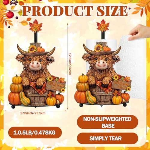 Highland Cow Fall Paper Towel Holder with Round Base Fall Bathroom Decor Rustic Highland Cow Dispenser Kitchen Paper Holder Stand for Countertop Toilet Home Accessories - style: Fall