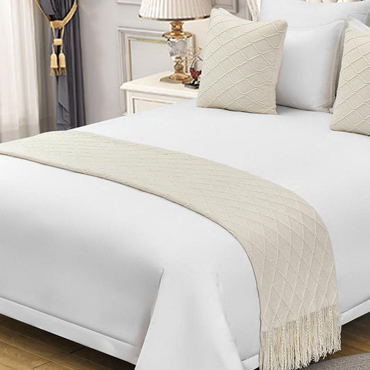 Cotton Knit Bed Runners King Size,Decorative Boho Bed Scarf with Tassel,Soft Solid Color Woven Beds Throw Blanket for Bedroom Home Hotel (Off White Diamond Shape 45x45cm/only Pillowcase) - color: Off White Diamond Shape, size: 45x45cm/only pillowcase