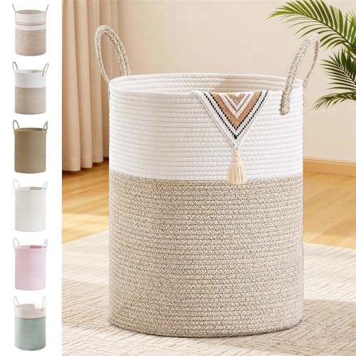 88L Large Tall Cotton Rope Laundry Basket with Handles, Brown | Storage Bin for Clothes, Blankets & Kids Toys, Boho Woven Hamper, Portable Organizer for Nursery, Bedroom, Living Room - color: Brown, size: 88L