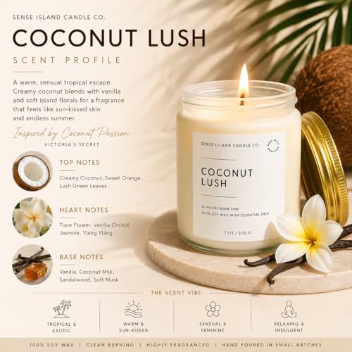 Coconut Lush Scented Candle | Inspired by VS Coconut Passion | 7oz Soy Wax Long Lasting Scented Candle for Women | Gift for Women Sensual Warm and Cozy Fragrance - color: Coconut Lush