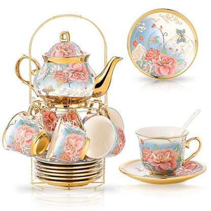 20 Pieces Porcelain Tea Set With Metal Holder, European Ceramic tea set for adults,Flower Tea Set,Tea Set For Women With Flower Painting (VIVID BLUE, Largr Vision) - color: VIVID BLUE