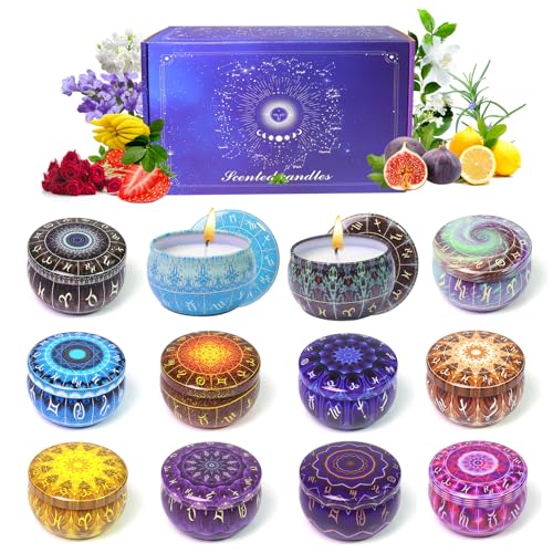 Zodiac Scented Candles Gifts Set, 12 Pack Soy Wax Travel Aromatherapy Candles with Essential Oils, Astrology Constellation Candle Set for Birthday, Mother's Day, Relaxation, Home Decor - color: Multicolor
