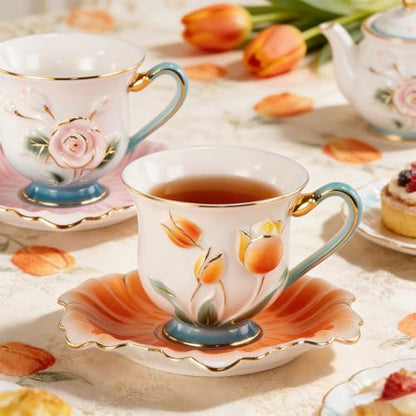 KAMMAK Tea Cups and Saucers Set of 2, Porcelain Coffee Cups, NX013 | Gold Rim, Stackable Espresso Mugs, Ceramic Demitasse for Coffee, Latte, Americano, Afternoon Tea, Elegant Gift for Women - size: 8CZNX013+14