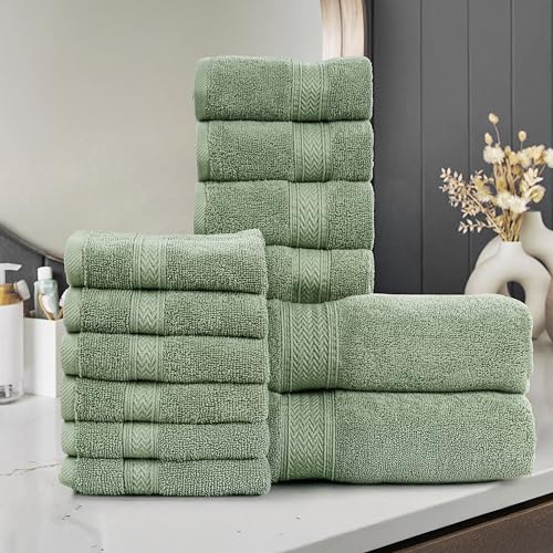 HILLFAIR 12-Piece Cotton Bath Towel Set - 600 GSM - Hotel Spa Towels - 2 Bath, 4 Hand, 6 Washcloths - Absorbent Soft Cotton - Sage - color: Sage, size: 12 Piece Towel Set
