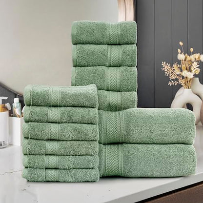 HILLFAIR 12-Piece Cotton Bath Towel Set - 600 GSM - Hotel Spa Towels - 2 Bath, 4 Hand, 6 Washcloths - Absorbent Soft Cotton - Sage - color: Sage, size: 12 Piece Towel Set