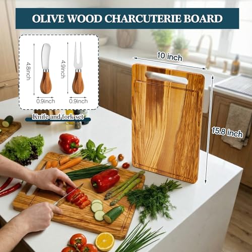 Olive Wood Charcuterie Board Rectangle Handle, Cheese Knife Fork | 15.8" X 10" Handcrafted with Embedded Handle, Natural Grain Groove, Wedding Housewarming Bridal Shower Gifts for Couples - color: Olive Wood, style: Rectangle with Embedded Handle